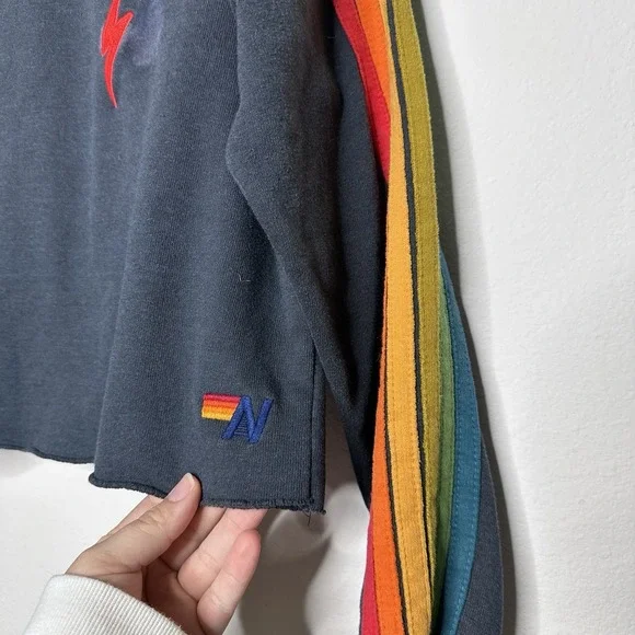 AVIATOR NATION Bolt Cropped Classic Five Stripe Crewneck Sweatshirt Charcoal S - Picture 2 of 6